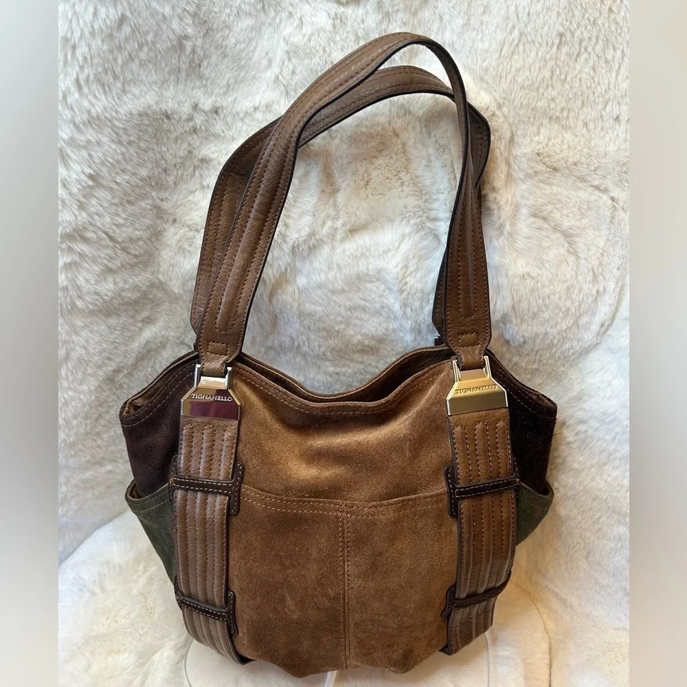 Tignanello brown suede leather colorblock shoulder bag purse w magnetic snap. H